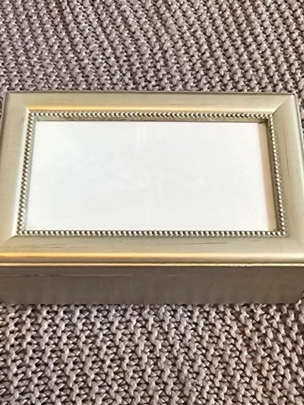 Silver tone wood photo frame musical jewelry box with beaded trim plays Amazing